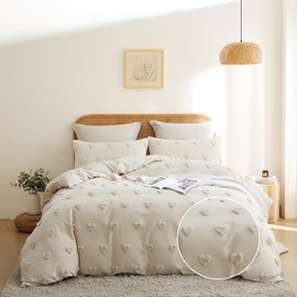 Freyamy Beige Bed Linen 135 x 200 cm 2-Piece Bohemian Tufted Heart Boho Bed Linen Embroidery Shabby Chic Bedding Sets Microfibre Soft Duvet Cover with Zip and Pillowcase 80 x 80 cm
