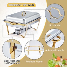 GarveeHome Chafing Dishes for Buffet 2 Pack, 8 Qt Stainless Steel Chafers and Buffet Warmers Sets with Lid, Rectangle Serving Food Warmer Catering Supplies Buffet Display for Parties, Gold