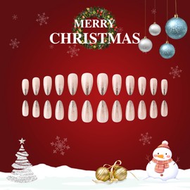Christmas Gold Glitter French Tip Press on Nails Medium Almond Fake Nails with Snowflake Designs Short Nude Pink False Nails Winter Xmas Glue on Nails Artificial Stick on Nails for Women Girls 24Pcs