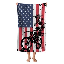 WZOMT Microfiber Beach Towel American Flag Motocross Beach Towel Funny Dirt Bike Black White Blue Red USA Flag Bath Towel, Motocross Gifts Beach Blanket Swim Pool Towels Oversized 32x52 Inch