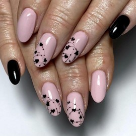 Valentine's Day Press on Nails Medium Almond Shape, Black Heart Fake Nails Gel Glue on Nails with Curve Line Polka Dots Design, Glossy Black Solid Color Manicure Art Acrylic False Nails Stick on Nails