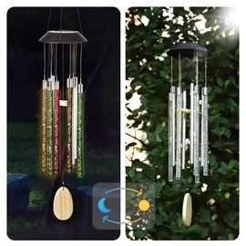 Solar Color Changing Wind Chimes for Outside - 30'' Long Windchimes Outdoors LED Tubes, Unique Aluminum Memorial Bell, Colorful Patio and Garden Decor