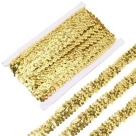 CABODYALS 10 m 3 Rows Elastic Sequin Trim Gold Round Flat Glitter Sequins Fabric Ribbon Bling Sequins Metallic Stretch Stripes Lace Trim for Sewing Crafts Dresses Dress