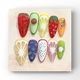 Wsliana Handmade Press On Nails - Medium Almond False Nail Tips, 3D Fruit Design, 10pcs Reusable Glue On Acrylic Fake Nails, Long-Lasting, Easy Fit | Fashionable Nail Kit | Natural Look (076 M)
