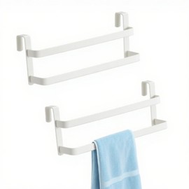 CHIKESI Double Layer Over Cabinet Towel Bar Holder, 2-Pack Stainless Steel Towel Bar for Hanging 2 Towels, Over The Door Towel Rack for Kitchen and Bathroom, Space-Saving Towel Hanger (White)