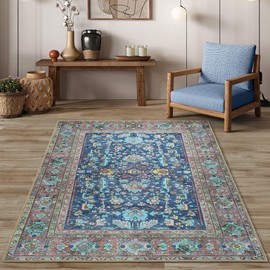 GIONARA Navy Blue Oushak Area Rug 2'5x5' - Washable Area Rugs, Non-Slip Small Throw, Vintage Low Pile Turkish Eclectic Pastel, Accent Area Rug for Living Room, Bedroom Kitchen, Bathroom, Kids Room