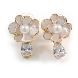 Layered Flower with Glass Drop Stud Earrings in Gold Tone - 23mm Long