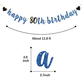 Helewilk Blue Glitter Happy 80th Birthday Banner, Men Women 80th Birthday Party Hanging Decoration, Cheers to 80 Years 80 & Fabulous Sign Bunting Decor for Grandpa Grandma Birthday Party Supplies (80)