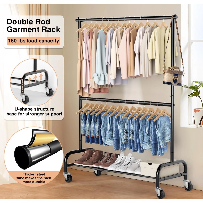 MISSLO Heavy Duty Clothing Racks for Hanging Clothes Rack Double