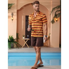 ZSJR Mens 2 Pieces Outfits Summer Beach Set Tracksuit See Through Sheer Hollow Out Short Sleeve Lace Shirts and Shorts Sets