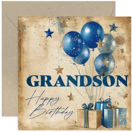 Special Birthday Cards for Grandson from Grandparents, Stylish Gifts for Him, Navy Blue Balloons and Wrapped Presents Design, Premium Male Celebration Card for Men - Blank Inside