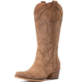 IUV Cowboy Boots For Women Western Cowgirl Boots with Chunky Heel Mid Calf Snip Toe Ideal for low insteps
