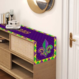 FARMNALL Linen Mardi Gars Table Runner Brazil Carnival New Orleans Fat Tuesday Masquerade Party Tablecloth Purple Yellow Green Diamond Decorations and Supplies for Home Office 13x72 Inch