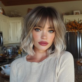 Smilco Short Bob Wig with Bangs Heat-resistant Gradient Brown to Blonde 613 Synthetic Wig with Bangs SM030color: golden gradient color, Stretched Length: 14 Inches