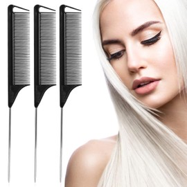 Professional Metal Pin Tail Combs, Rat Tail Tangle Teaser 3Pcs Set, Long Steel Pin Teasing Hairbrush for Salon Hair Stylists and Sectioning, Metal Parting Kames for Women, 3Black