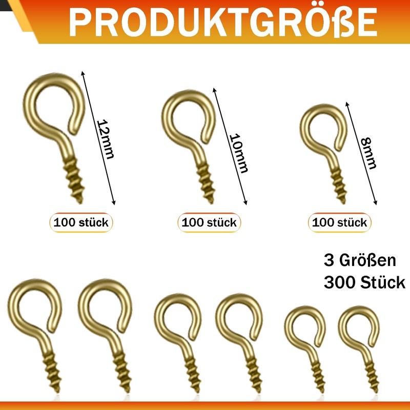 FLEXNOVA Pack of 300 Small Screw Hooks, 8/10/12 mm Screw