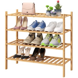 viewcare 4-Tier Bamboo Shoe Rack for Entryway, Stackable | Foldable | Natural, Shoe Organizer for Hallway Closet, Free Standing Shoe Racks for Indoor Outdoor