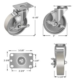 FOVERSWIVE 5"x1.25" Industrial Casters- Heavy duty casters,Cast Iron wheel,Steel Casters set of 4 capacity up to 2000 Lb. Use for industrial carts, dollies,Food Seriver Cart(4 Brake)