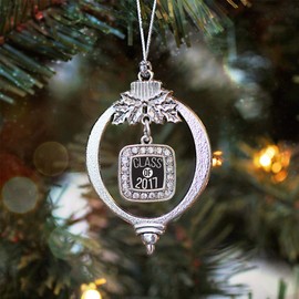 Inspired Silver - Class of 2017 Silver Christmas Ornament - Square Charm Christmas Tree Ornament with Cubic Zirconia - Holiday Hanging Decoration