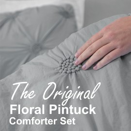 Swift Home Full/Queen Gray Comforter Set - Ruched 3D Floral Pintuck Bedding Set - 3 Pieces Bed Linen, 1 Comforter and 2 Pillow Shams