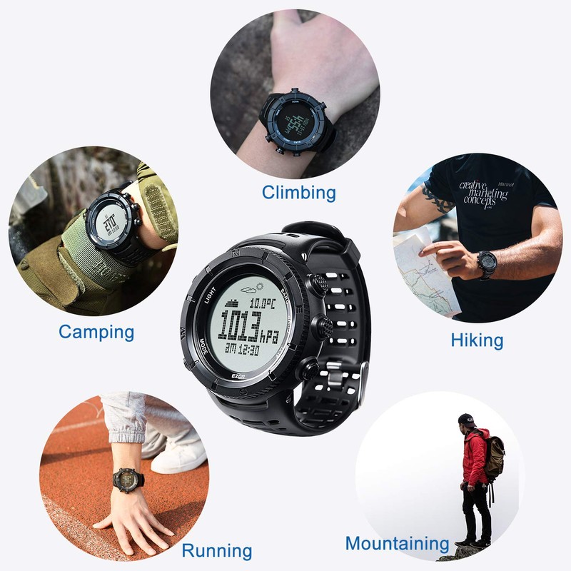 ハイキングウォッチ 登山時計 高度計 IP67防水防塵 コンパスウォッチ メンズスポーツウォッチ バロメータ温度計付き 天気予報 快適な耐久時計 ブラック