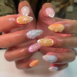 Summer Press on Nails Medium Almond Fake Nails Orange Fruit False Nails with Glossy Acrylic Nails Bow Artificial Nails for Women Girls Manicure Art Decoration 24Pcs