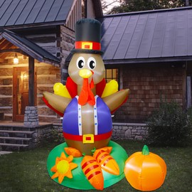 ATDAWN 6 Foot Thanksgiving Inflatable Turkey with Carrot, Perfect Thanksgiving Autumn LED Lights Decorations, Thanksgiving Lighted Outdoor Indoor Yard Holiday Decorations
