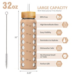 MUKOKO 32oz Glass Water Bottles with 2 Lids-Handle Spout Lid&Bamboo Straw Lid, Motivational Water Tumbler with Time Marker Reminder and Silicone Sleeve, Leakproof-Amber-1 Pack