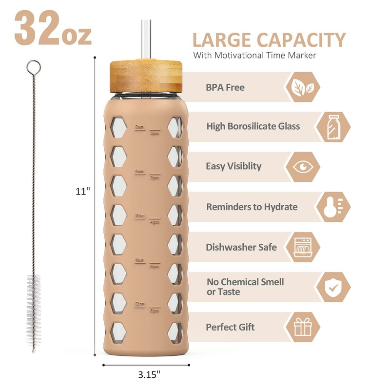 MUKOKO 32oz Glass Water Bottles with 2 Lids-Handle Spout Lid&Bamboo