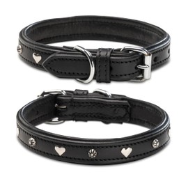 Jack & Russell Dog Collar Black with Appliqués Heart & Flower - Comfortable Genuine Leather Dog Collar Coer (M (34.5-43.0))