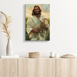 BANHUA1 Jesus and Lamb Canvas Wall Painting Jesus Holding Lost Lamb Picture Mural Canvas Print Christian Home Decor for Living Room Bedroom Home Office Artwork Easy to Hang 36"x48"
