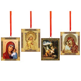 Needzo Christmas Ornaments Catholic Orthodox Madonna and Child Icon Virgin Mary Christ Baby Jesus Nativity of Christ Wooden Icon 2 Sided Ornaments, Red Ribbon, 3 1/16 Inch