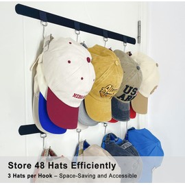 ETOWIFA Adhesive Hat Organizer Rack for Baseball Caps [Up to 48 Caps] Hat Hangers Holder Display for Wall, Over Door Closet, Room/College Dorm Storage - 4 Straps and 16 Removable Hooks (2024 Upgraded)