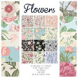 24 Sheets 12 Designs Scrapbook Paper Pad,6"×6” Single-Sided Decopodge Craft Cardstock Paper, Christmas Scrapbooking DIY Decorative Background Cardmaking Supplies.Flowers