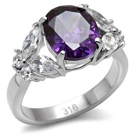 YourJewelleryBox Ladies Amethyst Ring Silver CZ Moval Stainless Steel Purple Dress TK086 T