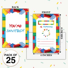 Birthday Invitations - Building Blocks Birthday Invites with Envelopes(25-Count) - Stacking Block Bricks Fill-in Party Invite Cards for Boys Girls Party Supplies Favors - A19