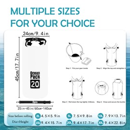 Dry Bag 20L, Boat Dry Bags White Waterproof Bag Dry Sack Roll Top Long Adjustable Shoulder Strap 2L/5L/10L/20L/30L/40L for Drifting Boating Kayaking Fishing Rafting Swimming Camping Canoeing Surfing