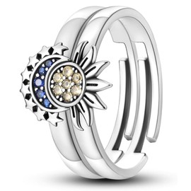 XSDSLS 2 Piece Sun Moon Rings Set Women's Gold Silver Adjustable Celestial Sun Moon Rings Stackable Sun Ring Moon Rings Open Promise Matching Rings for Women Ladies, Copper, No Gemstone