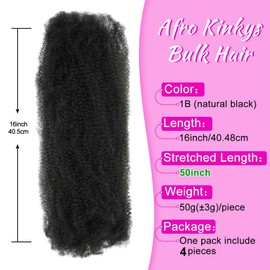 Youngther 4Packs Afro Kinkys Bulk Hair 16 inch Natural Black springy afro twist loc extensions hair for Dreadlocks extensions repair Locs, Twists/Braids（16inch（Packs of 4）1B）