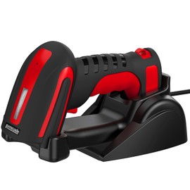 Symcode 2D Industrial Barcode Scanner with Stand 433 Wireless 1968 Feet Transmission Distance USB QR Automatic Barcode Reader Handhold Hands-Free Bar Code Scanner with Charging Base Red