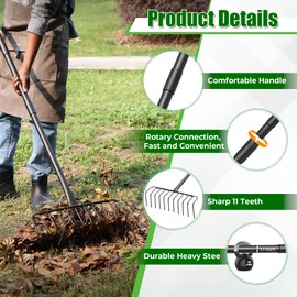 Garden Thatch Rake, 82" Heavy Duty Lawn Leveling Rake with 11 Stainless Steel Tines, Adjustable Long Handle Garden Tool for Loosening Soil, Cleaning The Leaves, Removing Thatch, Laying Sod