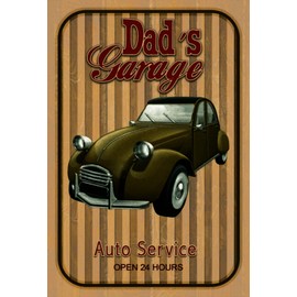 AGDeko® Tin Sign 18 x 12 cm Retro Dad's Garage Auto Service Open 24 for Hanging or Standing Room Decoration