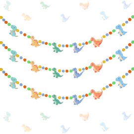 Cheerupp 3 Pcs Dinosaur Theme Felt Balls Garlands, 5 Ft Jungle Safari Animal Colorful Pom Pom Balls Decorative Banner Garland, Wall Hanging for Holiday Wedding Nursery Home Birthday Decorations