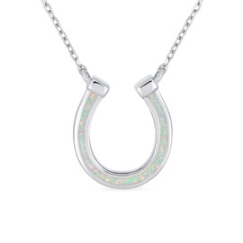 Delicate White Created Opal Equestrian Good Luck Charm Horseshoe Necklace Pendant Western Jewelry For Women Teens Graduation Gift .925 Sterling Silver