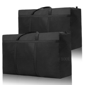 Kongming Pack of 2 100L Packing Storage Bags Small Waterproof Oxford Black Moving Bags with Zip Handle for Duvets Cushions Clothes Bedding Storage Moving
