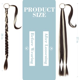 FELENDY 26" 30" Ponytail Extension Braided Long Straight Wrap Around Braiding Pony tails Hair Extensions Natural Soft Fishtail Braid for Women (26 inch,Dark Brown mix Bleach blonde)