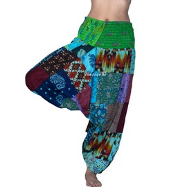 Tribe Azure 100% Cotton Casual Pants Patchwork Comfortable Baggy Yoga Hippie Boho Colorful (Medium, Serene Turquoise)