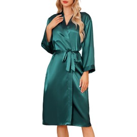 Sopesil Women's Satin Bathrobe Unisex Satin Bathrobe Kimono V-Neck Dressing Gown for Spa Home and Hotel S-XXL, dark green
