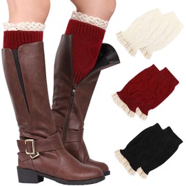 PHOGARY 3 Pairs Winter Warm Boot Cuffs for Women, Short Leg Warmers Crochet Knitted Boot Socks with Lace Trim for Gilrs Boot Topper Socks Leg Cuffs Boot Warmers Gift