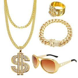 WUERKIYA 4 PCS Dollar Sign Pendant Necklace Ring Set,Metal Chain Necklace Bracelet Sunglasses,80s/90s Hip Hop Costume Kit Hip Hop Rapper Costume Jewelry Punk Style for Men Women?A?